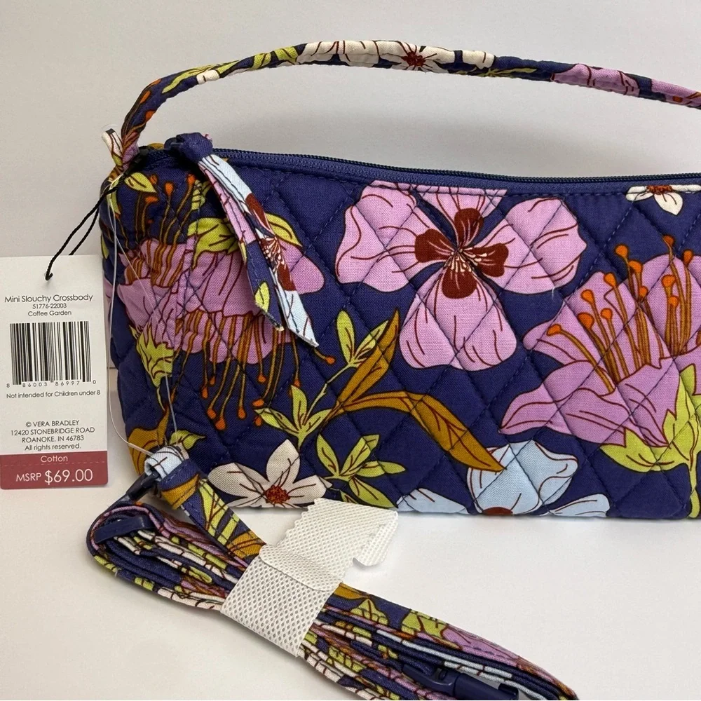 New Vera Bradley Mini Slouchy Crossbody Coffee Garden Bag Purse Floral Blue NWT